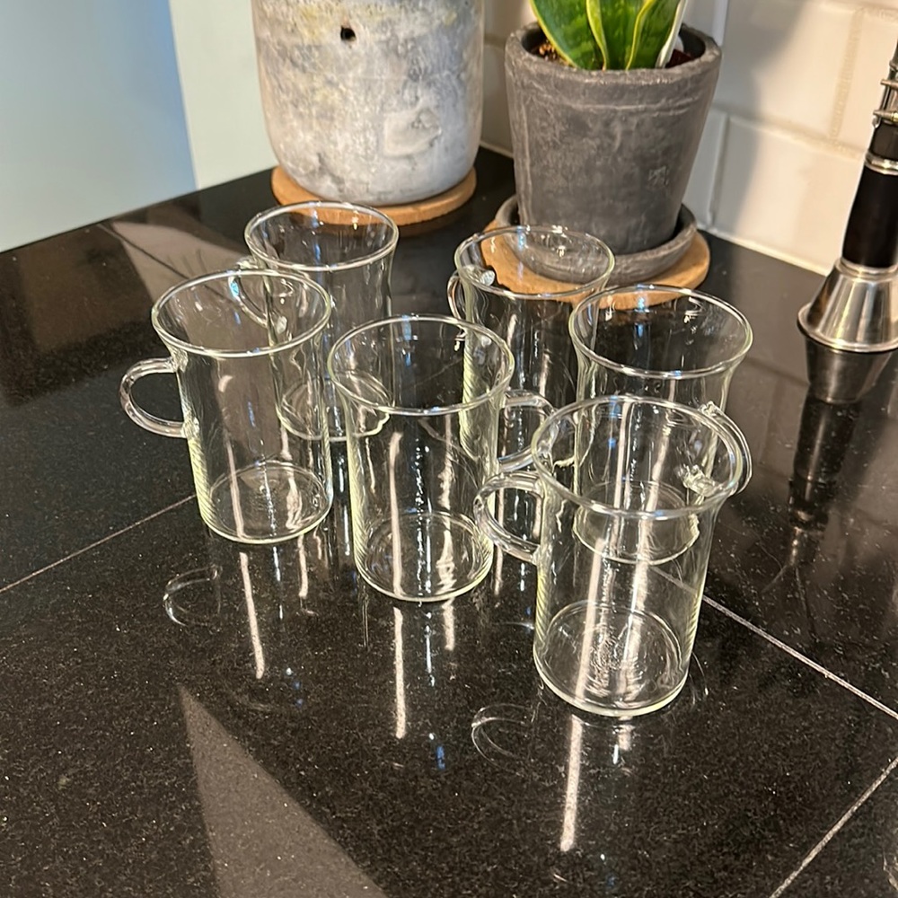 Beautiful glass cups. These are heat resistant! You get 6 in the set.